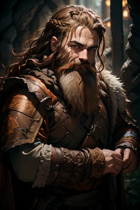 (Masterpiece, Best Quality:1.3), highres, (8k resolution), (ultra-detailed portrait:1.1), Dwarf, braided brown hair, braided brown beard, sad brown eyes, light smile, red and orange robes,