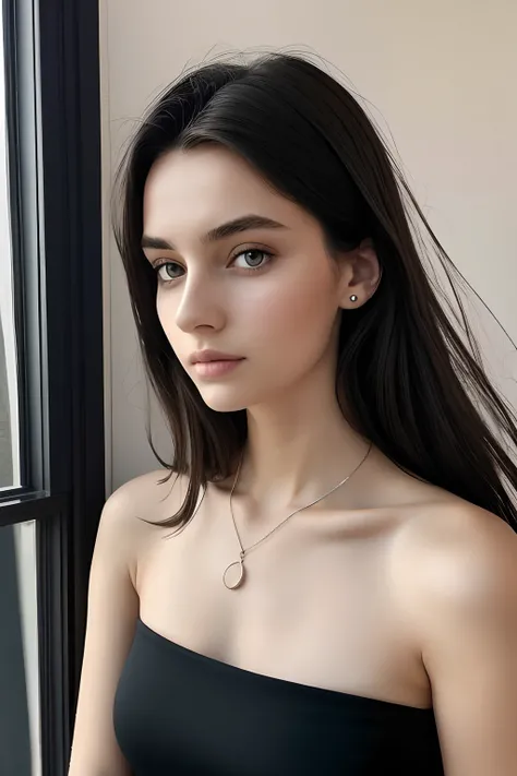 1fille dans, 23 ans, seulement, cheveux longs, Colossal, Regarder le spectateur, cheveux noir, bare shoulders, yeux bruns, bijoux, corps entier, un collier, off shoulders, Chandails, Realstic, Un sexy