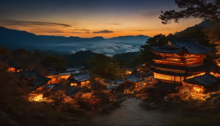 Imagine a top view of a Japanese village at night, with the iconic Starry Night style of Van Gogh. The focal point of the composition is a beautiful halo of light, casting a stunning gradient of sunset colors over the autumn landscape. The play of shadows ...