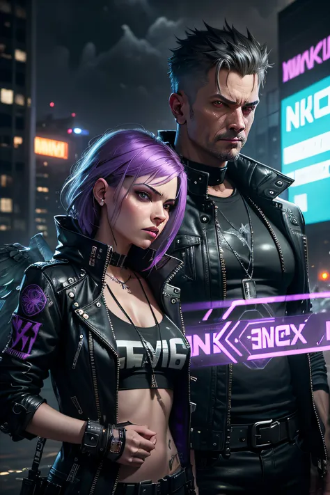 Cyberpunk city, angel and storm , sky at night violet lights , SNTHWVE-STYLE NVINKPUNK, author：Jeremy Mann, by Sandra Chevrier, author：Dave McKean、Richard Avedon and Maciej Kuciara。, Punk rock, Tank girl, high detal, 4K, RTX