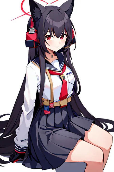 shichido yukino, 1girll, solo, long hair, view the viewer, black hair, red eyes, long sleeves, white background, animal ears, ha...