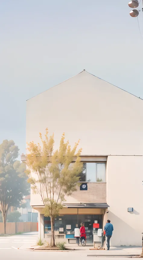 Draw a convenience store with a tree in front, fundo de casa, artwork of a building, house on background, background-image,There is a touch of sunshine in the faint blue sky