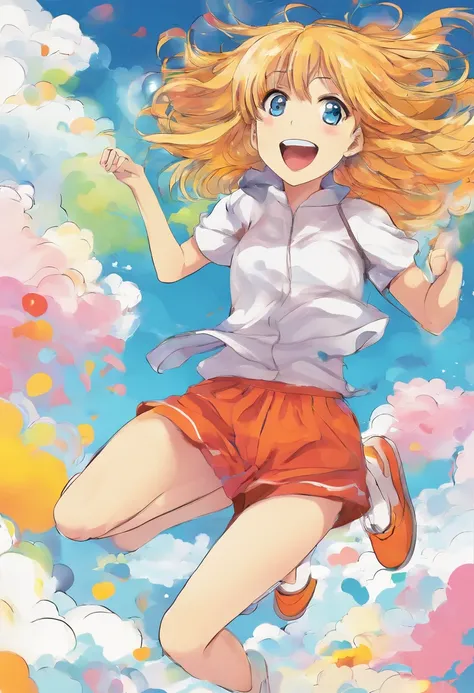 lucy jump, happy, smile, 1girl, sky, cloud