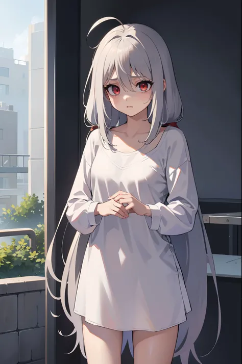 1girl, solo, teen girl, petite, light gray hair, straight hair, ahoge, (very long hair), long bangs, hair between eyes, red eyes, eyes highlights, ((bags under eyes)), shaded face, depressed, neutral, inexpressive, small breasts, shirt, oversized shirt, bo...