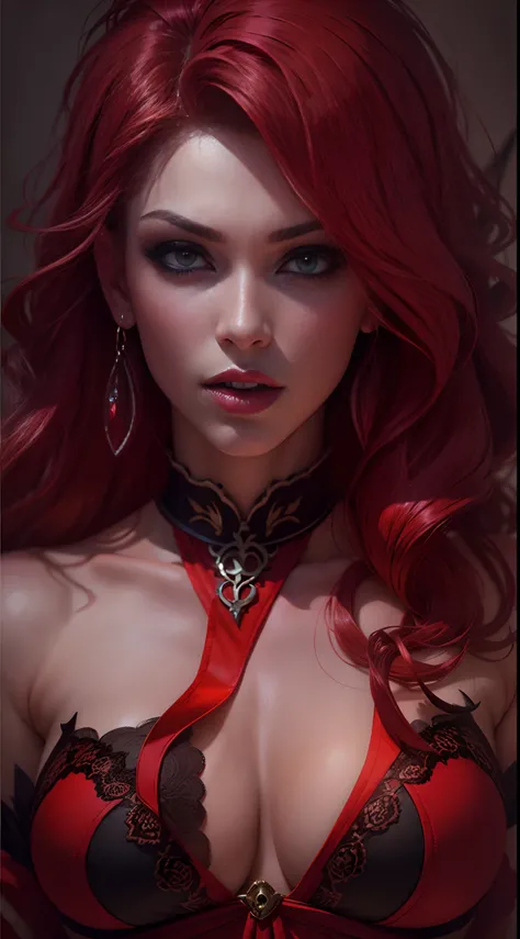 1 menina, succubus, cabelo chanel, cabelo vermelho, ruiva, lingerie preto e vermelho, castlevania, 30 anos, espartilho sensual, vestido cropped, aparecendo o corpo, very sharp image, 8K, beautiful face, beautiful body, very beautiful clothes, alluring