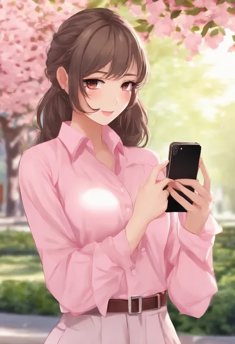 Anime girl in pink shirt and pink purse holding a cell phone, seductora chica de anime, Anime Moe Artstyle, Atractiva chica de anime, (Chica anime), Chica anime, [ Arte digital 4K ]!!, Estilo anime Ecchi, linda chica de anime, Ecchi, Chica bonita de anime,...