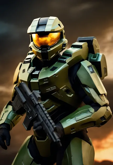 Master chief (Halo), pendurado numa nave pronta para aterrissar, Gun in the back and pistol in the hand. Realista, 4k.