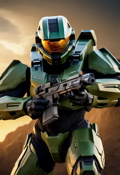 Master chief (Halo), pendurado numa nave pronta para aterrissar, Gun in the back and pistol in the hand. Realista, 4k.