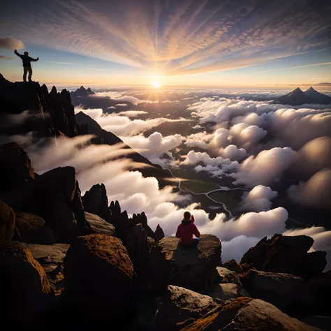 People sit on top of a mountain and watch the sun rise over the clouds, heaven in the top, rise above clouds, Above the clouds, epic sunrise, Beautiful cloudy atmosphere, unsplash contest winning photo, Sunset in the clouds, view above the clouds, stunning...