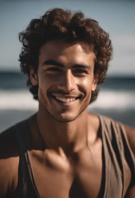 young man, smiling at sea,  20 anos, cabelos brancos, corte de cabelo de dois blocos , not shirt, vestindo um casaco de pele preto , Foto Realidade, pele de realidade, pele detalhada, olhos claros brilhantes, Biomechanicals, estranho, assustador, Pesadelo,...