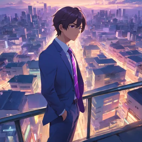 one man, white and purple, formal, suit and tie, 2077 city, two katanas, rooftop, unbeatable masterpiece, 4k resolution