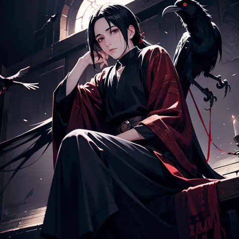 itachi uchiha on a moonlit night sitting on a black throne with crows circling around him, high resolution, realistic lighting, ...