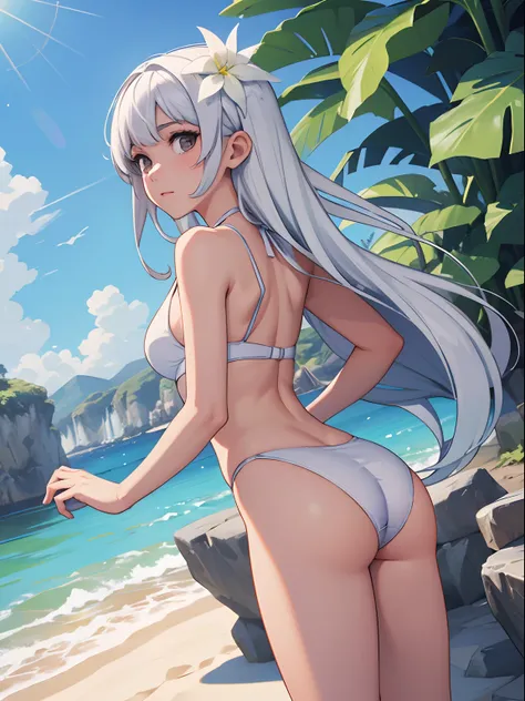 obra-prima, Planta com folhas brancas, 1girl wearing a white swimsuit, corpo inteiro, with a beautiful landscape behind, 4k, ((best resolution)), ((melhor qualidade)).