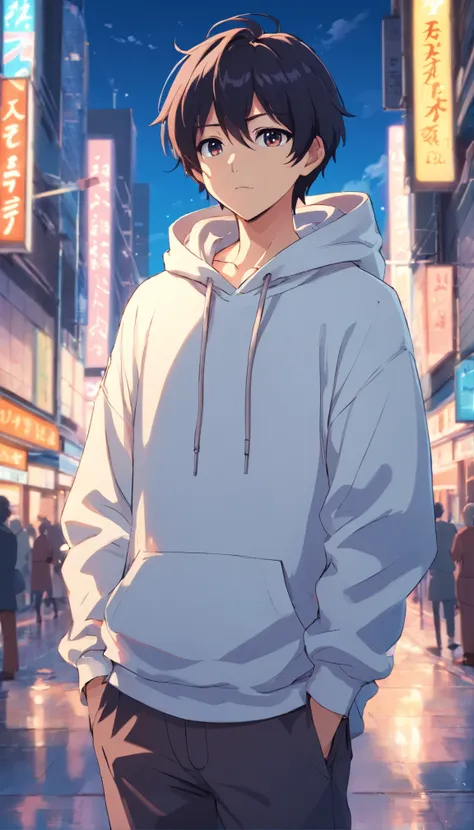 Anime boy with black hair, white hoodie and black pants, single character full body, Young anime man, official character art, Visual Novel Sprite, anime moe artstyle, Anime-style trigger, Anime boy, inspired by Okumura Masanobu, anime style character, Male...