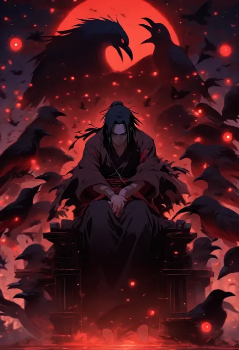 Itachi Uchiha on a moonlit night sitting on a black throne with crows circling around him, High resolution, Realistic lighting, Accurate shadows, Textured surfaces, Sharp details