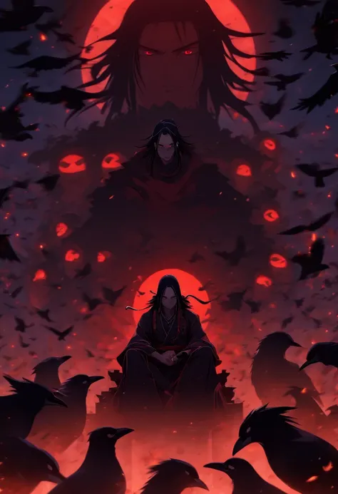 Itachi Uchiha on a moonlit night sitting on a black throne with crows circling around him, High resolution, Realistic lighting, Accurate shadows, Textured surfaces, Sharp details