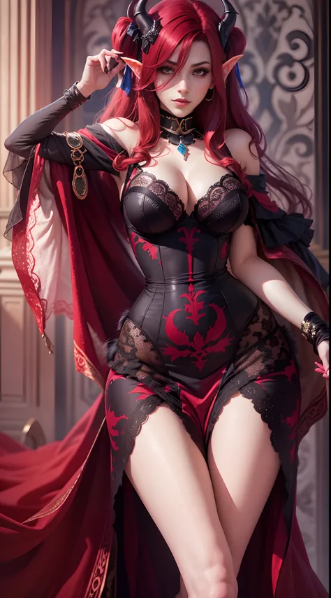 1 menina, succubus, cabelo chanel, cabelo vermelho, ruiva, lingerie preto e vermelho, castlevania, 30 anos, espartilho sensual, vestido cropped, aparecendo o corpo, very sharp image, 8K, beautiful face, beautiful body, very beautiful clothes, alluring