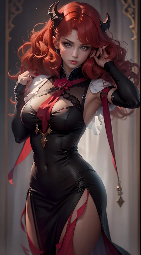 1 menina, succubus, cabelo chanel, cabelo vermelho, ruiva, lingerie preto e vermelho, castlevania, 30 anos, espartilho sensual, vestido cropped, aparecendo o corpo, very sharp image, 8K, beautiful face, beautiful body, very beautiful clothes, alluring