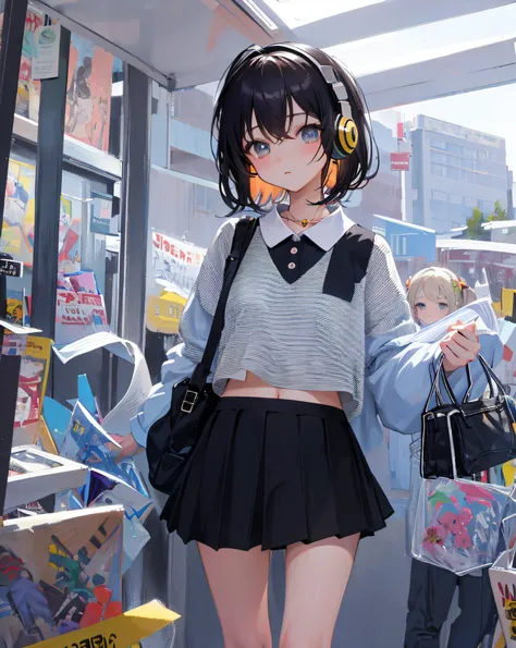 (Realistic painting style:1.0), Masterpiece, Best quality, absurderes, comic strip, illustration,
1 girl, Medium hair, Cute girl, young and cute girl, Korean girl, {Breasts}, 
A girl in a skirt and a striped shirt with headphones, On the road, Girl wearing...