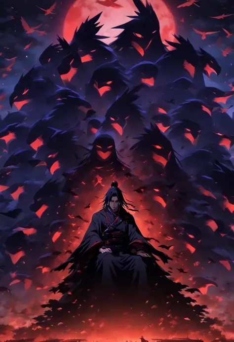 Itachi Uchiha on a moonlit night sitting on a black throne with crows circling around him, beautiful, eerie, mystical, 8K,  cinematic, moody vigilante
Itachi Uchiha on a moonlit night sitting on a black throne with crows circling around him, cinematic, dar...