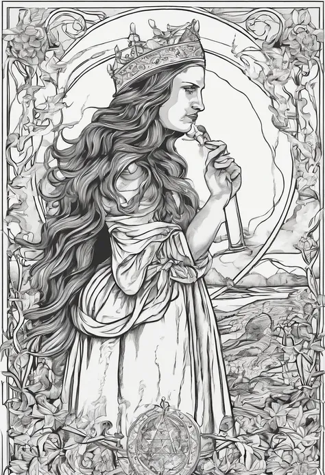 Illustration of a witch with long hair, olhando para baixo, embaixo de uma fogueira, queimando, lighting a cigarette in the flames of the bonfire, chamas, flames, in medieval times, tipo tatuagem, hachuras, altamente detalhado, drawing, epic pencil drawing...