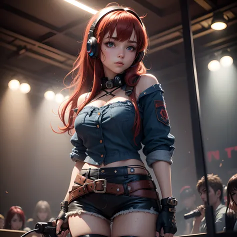 8k, masterpiece, best quality, realistic, higly detailed, cowboy shot, 1girl, solo, miku, emotionless looking girl, medium-length red hair, strands of hair hanging over the right side of her face, a set of wireless headphones that have a triangle-shaped lo...