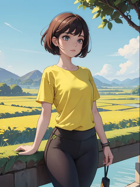 Planta com folhas brancas, 1girl vestindo uma blusa branca e um short legging yellow, with a beautiful landscape behind, 4k, ((best resolution)), ((melhor qualidade)).