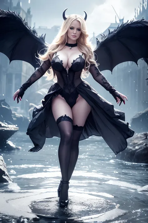 ultra detailed Stormy Daniels as Satan sur le Trone de lenfer, Realistic detailed eyes, diable, Robe noire et rouge, demon wings, Demon horn, Context of the chaos of hell and destruction, Evil queen, looking straight at camera, smiling with contempt on his...