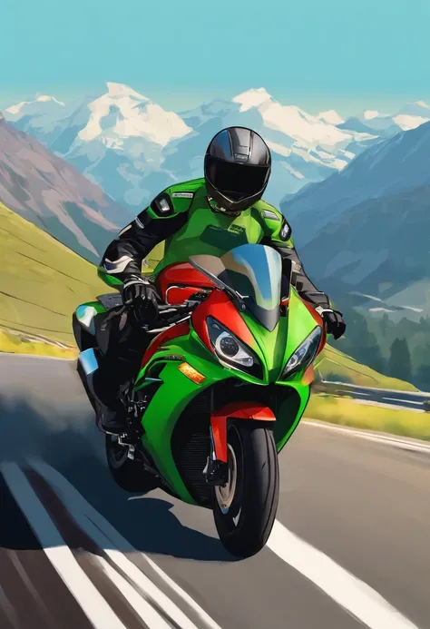 Kawasaki ZX-4RR，motorcycle，cartoony，Sunnyday，Speeding，Lateral face，Mountains in the background，delicated，the detail