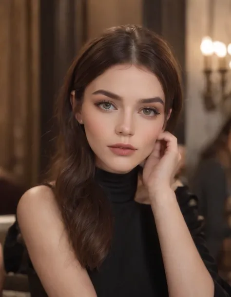 Arafed woman with black clothes, fille sexy aux yeux bruns, Portrait Sophie Mudd, cheveux bruns et grands yeux, selfie of a young woman, in a cafe, Yeux de chambre, Violet Myers, sans maquillage, maquillage naturel, looking straight at camera, Visage avec ...