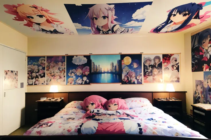 otaku_room, high res, masterpiece, (sfw) , (ceiling posters), bed