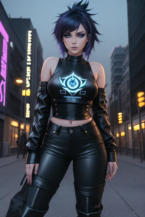 beautiful girl, full body, short bright blue dishevelled hair, black eyeshadow, (street style wear:1.2), ((tight fitted pants)), ((knee high leather boots)), (city night background:1.2), dark makeup, digital art, trending on artstation, highly detailed, fi...