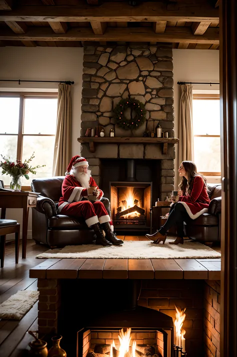 In a charming countryside cottage, Santa Claus and Emma Watson enjoy a cozy fireside chat. The rustic interior is adorned with wooden beams and vintage decor, giving the scene a timeless feel. Santas hearty laughter and Emmas serene smile create an atmosph...