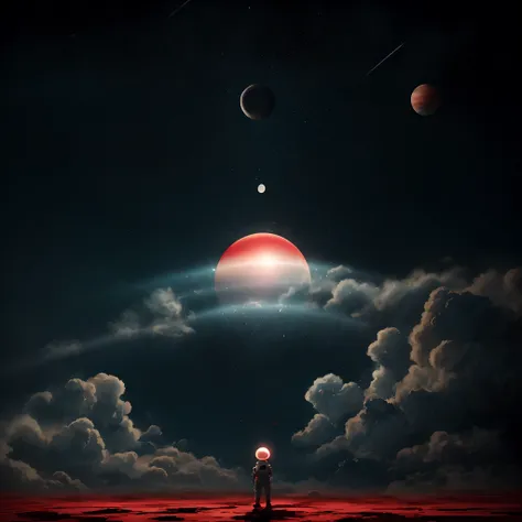 A detailed illustration muted chinese ink painting, muted colors, rice paper texture, splash paint, halo astronaut, one red sun. Venus. Space. Clouds wet to wet techniques. cvibrant vector. using Cinema 4D