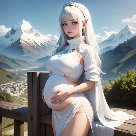 In the background are mountains, a beautiful girl name is Lisa, 18 year old with blue eyes, long white hair, wearing a white tunic with Pregnant belly