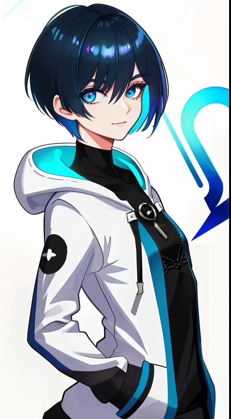 Colorful, High quality, sharp, autofocus, Looking at Viewer, 1girl in, Cool, Handsome, Blue eyes, Evil smile, (Blue and black mesh hair), short-cut, a pixie cut, hair over eyes, hair between eye, Wearing a white hoodie,  Upper body, ((with a pure white bac...