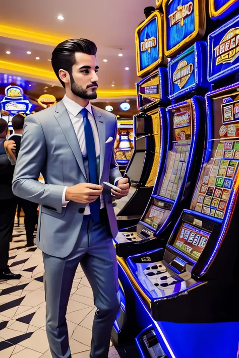 good looking guy in an italian suit playing slots in a casino