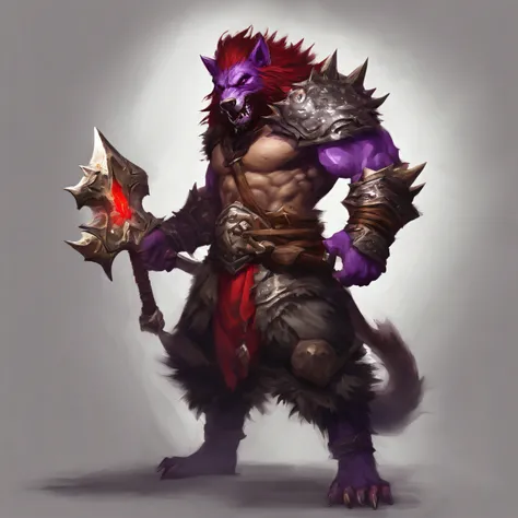 gnoll, Dark gray and purple fur，Red spiked armor, Use the huge Doomsday Cannon, Masterpiece, Best quality