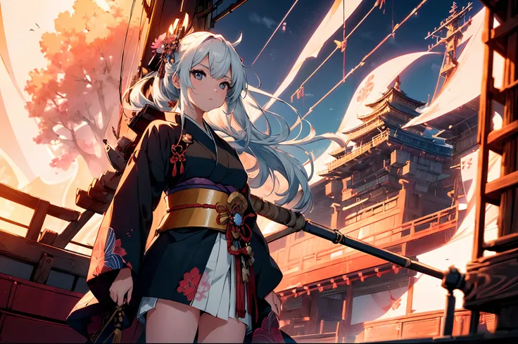 1 samurai girl, ((standing on bow of  ship)), character focus ,(cinematic angle), (from below), from side,cowboy shot ,japanease clothing, vivid kimono ,serious face ,(((looking ahead))),high resolution,(incredibly absurdres),anime visual,extremely detaile...