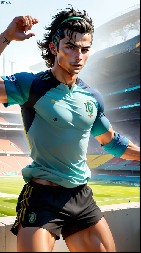 Start by drawing the stadium scenery, com arquibancadas cheias de torcedores vestindo as cores de Portugal. Adicione o Cristiano Ronaldo em primeiro plano, com sua camisa vermelha e verde e shorts brancos. Be sure to exaggerate Ronaldos characteristics, li...