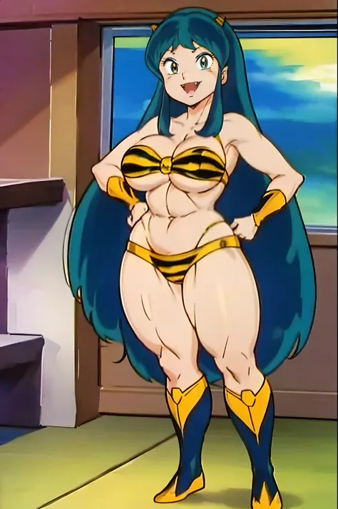 lum, superhero costume,, standing,, boots, oni, smile,, full body, sentai, bikini, horns, curvy, big breast, open mouth teeths, fangs