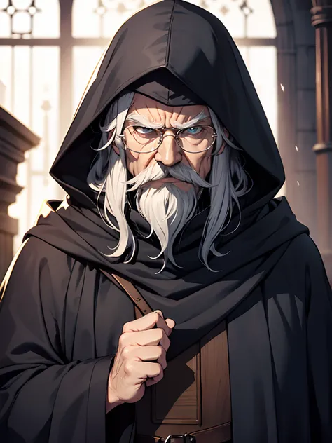 Cloaked old man, spkiy mustache, glasses, apiky hair, hood, grumpy face, fantasy, minister, high fantasy