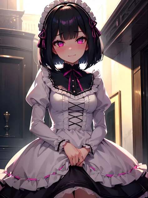 (masterpiece,best quality,ultra-detailed),1girl,smirk, shadow hair,dark black hair, beautiful and detailed face, detailed eyes,bob cut,insanevoid, glowing eyes,(pink lolita dress),looking at viewer,blushing, embarrassed, nervous smile,