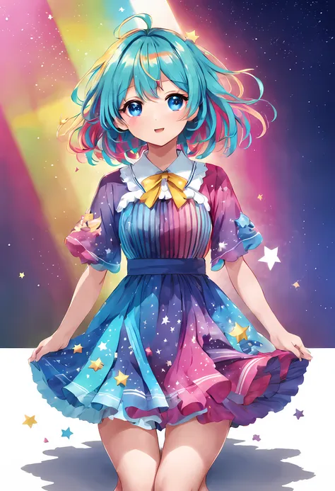 1 girl, cute ,  25 yo, sweet colourfull dress, idol, star on the face, midle range hair, colourfull hair. anime, full body shot