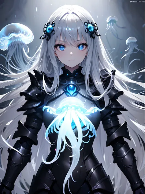 (masterpiece,best quality,ultra-detailed),1girl,smirk,long hair,curly hair,beautiful and detailed face, detailed eyes,(jellyfish girl),glowing eyes,(black armor),(grey theme)