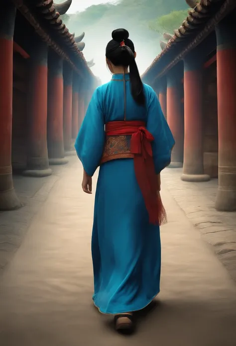 Ancient China. A 14-year-old Korean girl wears blue clothing and walks in the tunnel. Go from west to east. Side view. Comic style.