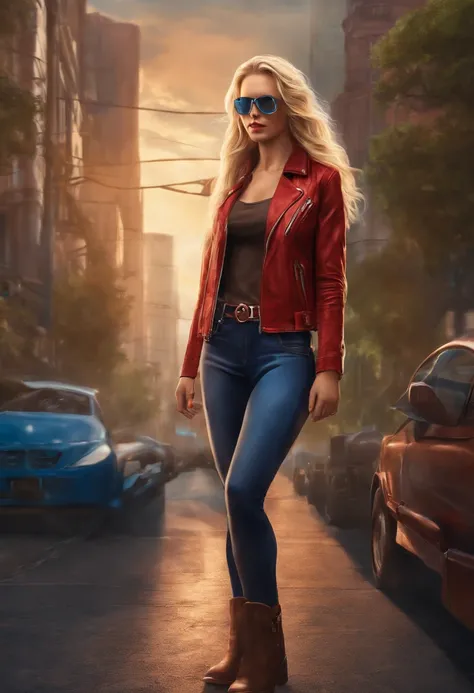 1girl, a slender young woman with long blonde hair and blue eyes. She wears a red leather jacket, a black tank top, blue jeans, and brown boots. She also wears a pair of goggles on her head.