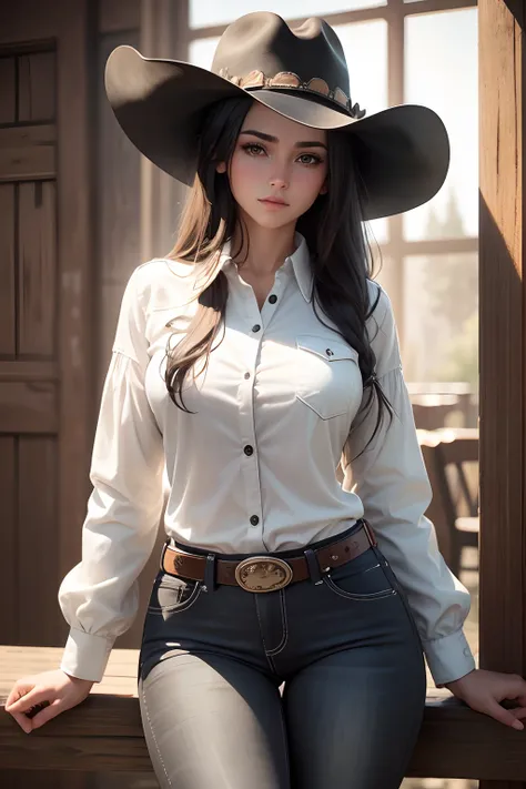 ultra realistic, cowgirl, black jeans, white western shirt, black cowboy hat, cowboy boots, young 20