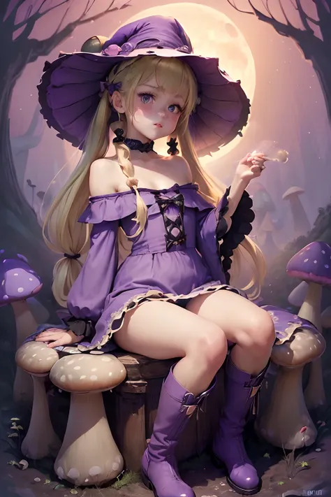 ((((hyperdetailed face, Perfect face and nice perfect face)))),( hight resolution, ultra-detailliert), (((((Anime little boy with blonde twin tails with long hair)))),(((Big witchs hat))),(((Mushroom pile))),(((Mushroom forest))),((((toppless,Light Purple ...