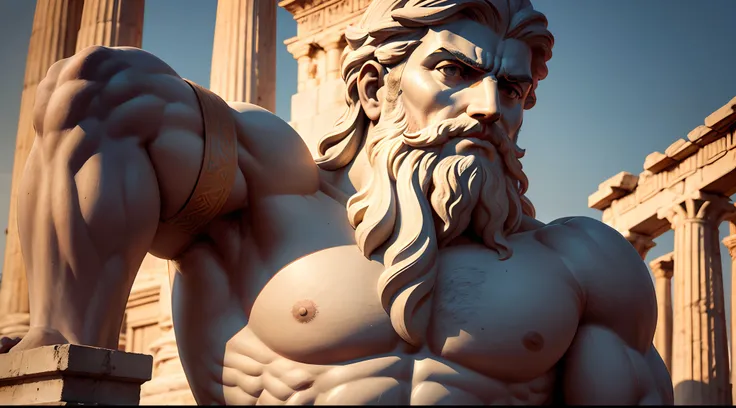 Greek statue of Stoicism, with muscles and beard, colunas colunas de concreto da grecia antiga ao fundo, with sunset lighting on the face, 8k